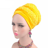Velvet Turban/Hijab with Beaded Flowers Mesh Wrap